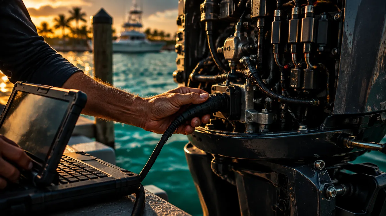 Factory diagnostic laptop connected to an outboard engine at a dock in the Florida Keys