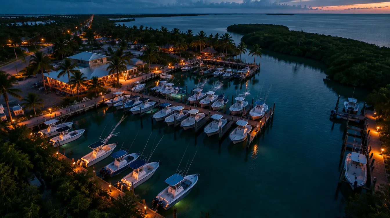 Aerial view of a marina in Islamorada at dusk